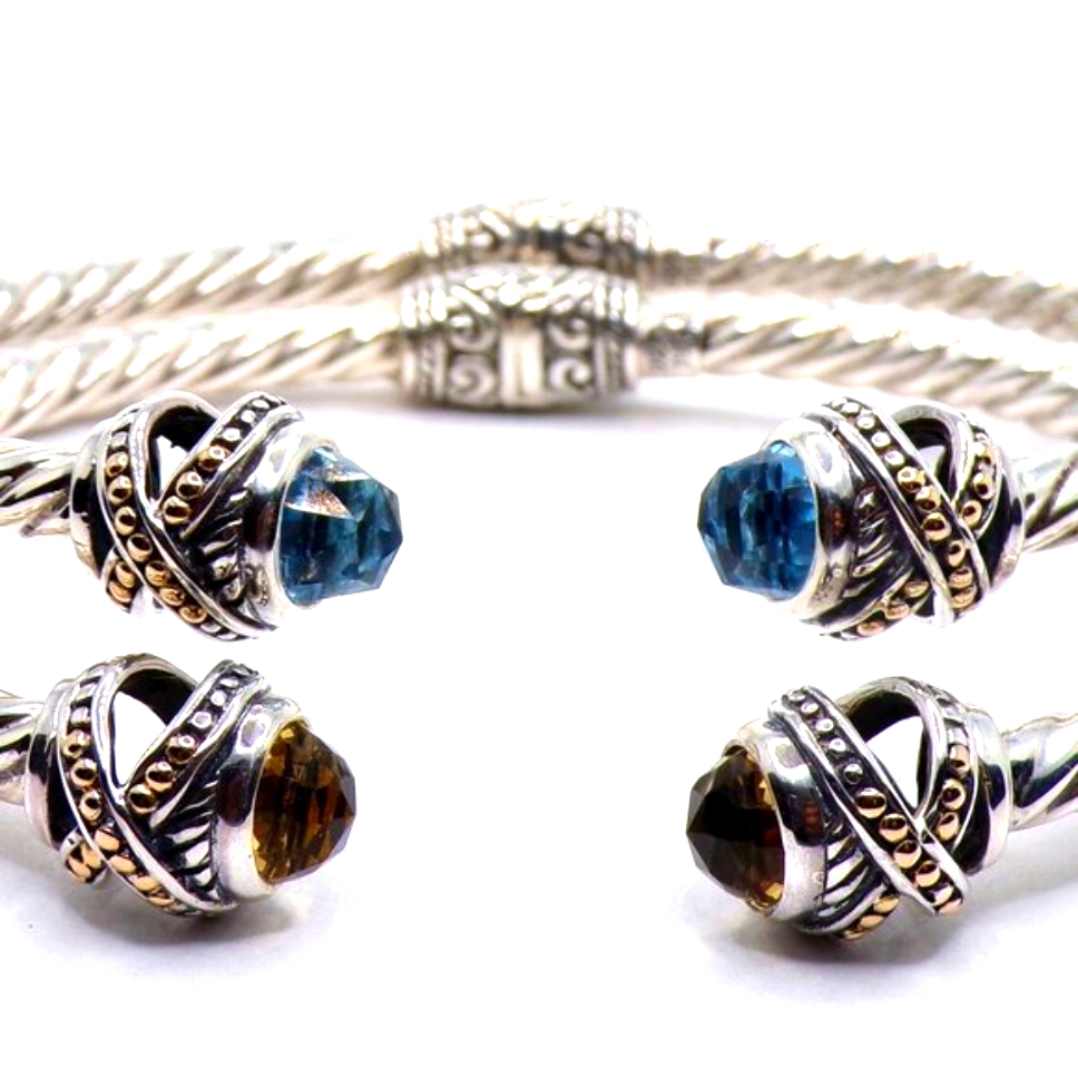 Ss/18k Accent Cuff Bracelet, Balinese Hinged Cuff Bracelet, Topaz Or Citrine